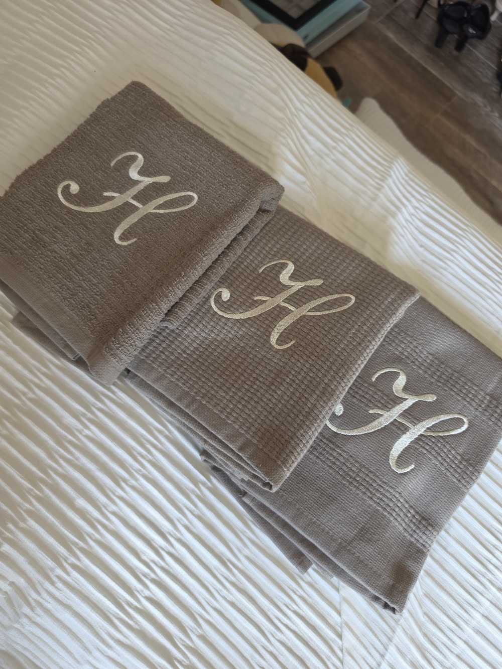 Custom Hand-Monogrammed 'H' Hand Towels Set Of 3- Taupe New